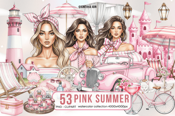 Download Pink Summer Watercolor Clipart Bundle - Pink summer Collection